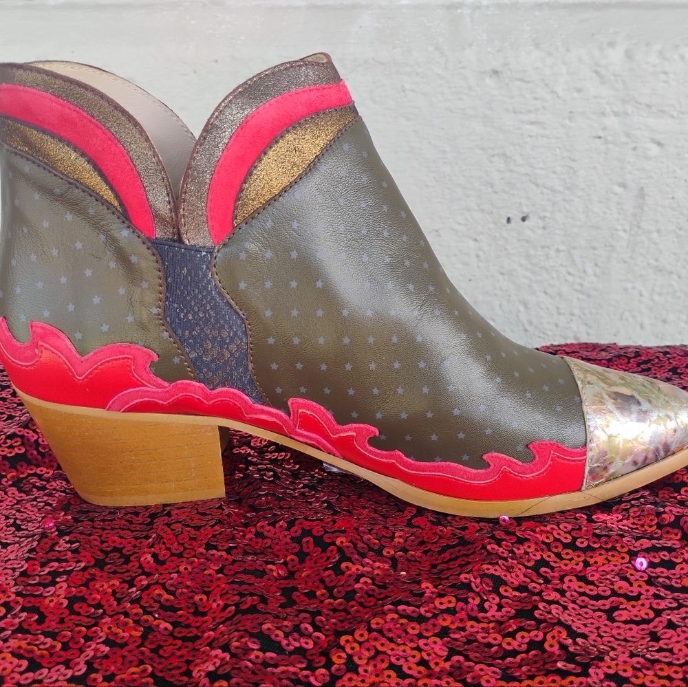 NEW Western Ankle Boots Red Gold Handmade Leather Cowboy Rodeo Style Size 6-9